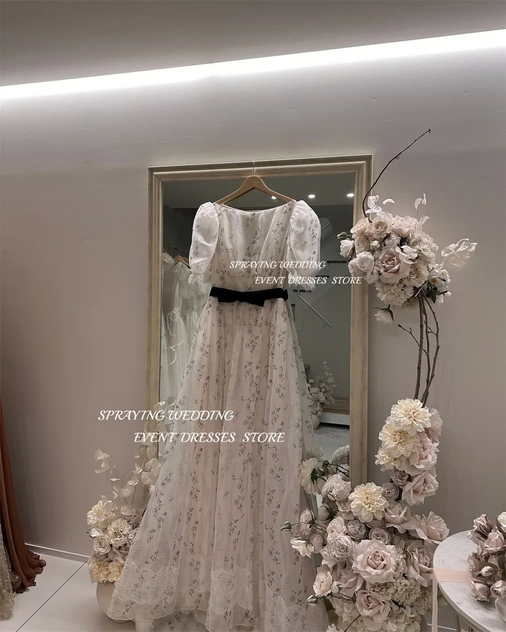 SPRAYING Fairy Floral Print Evening Dress A line O Neck Puff Sleeve Korea Wedding Photo Shoot Dress Corset Long Party Customized