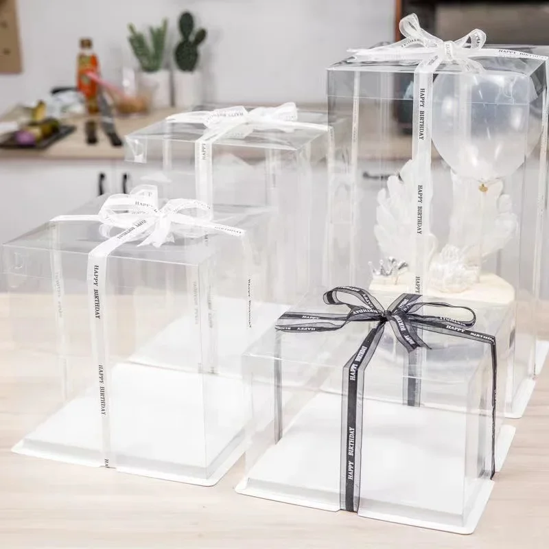4/6/8/10 Inch Square Transparent Cake Box Birthday Surprise Gift Baking Packaging Box Clear Toy Cake Box Wedding Party Supplies
