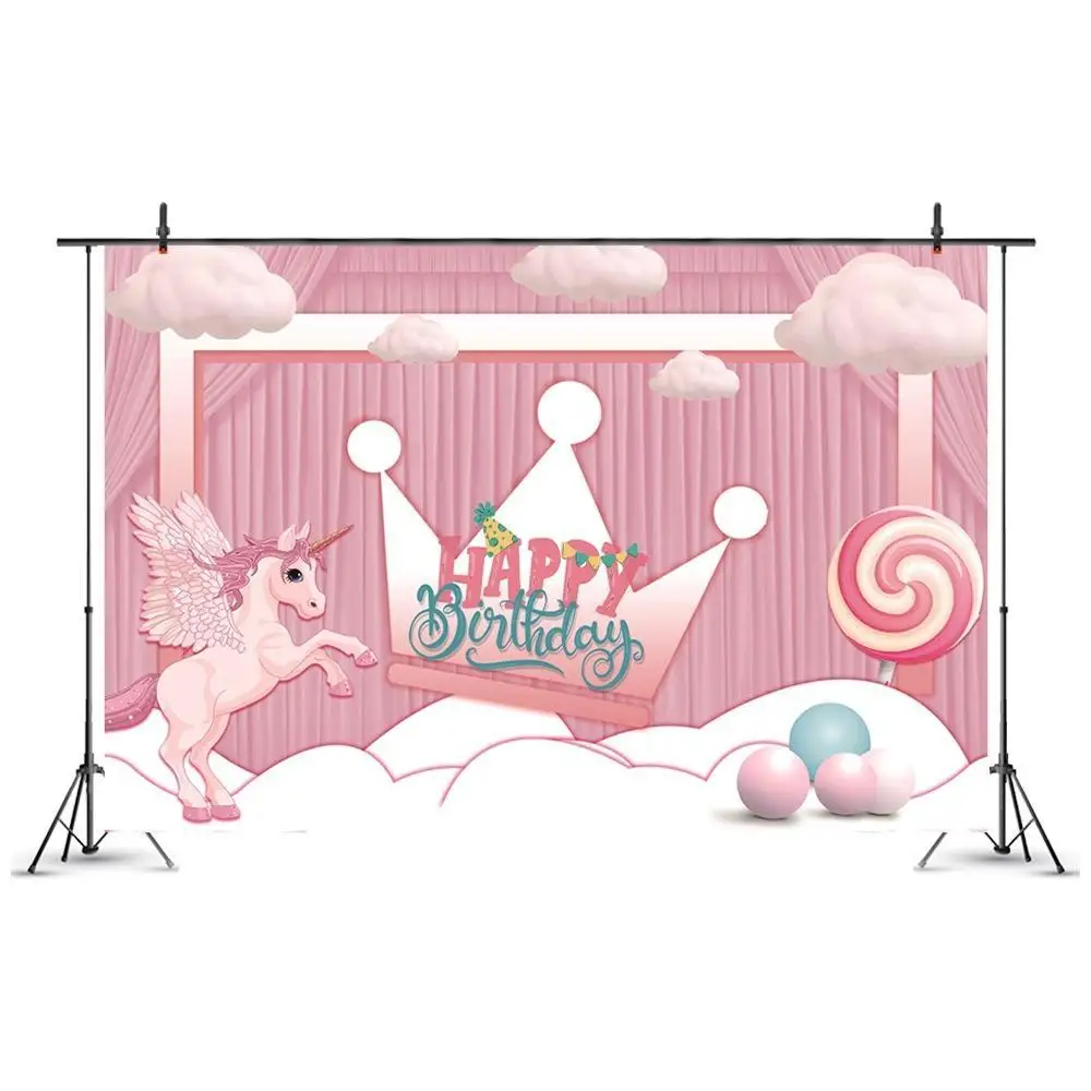 خلفيات تصوير تاج مصاصة لون وردي وحيد القرن ، صورة كرتونية للفتيات ، حفلة عيد ميلاد ، خلفية تصوير ضوئي ، تصوير استوديو