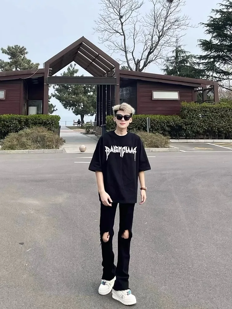 

Мужские джинсы Bla Torn из денима, летние, в американском стиле High Street, слегка расклешенные, с эффектом потертости, прохладные, прямые, повседневные брюки