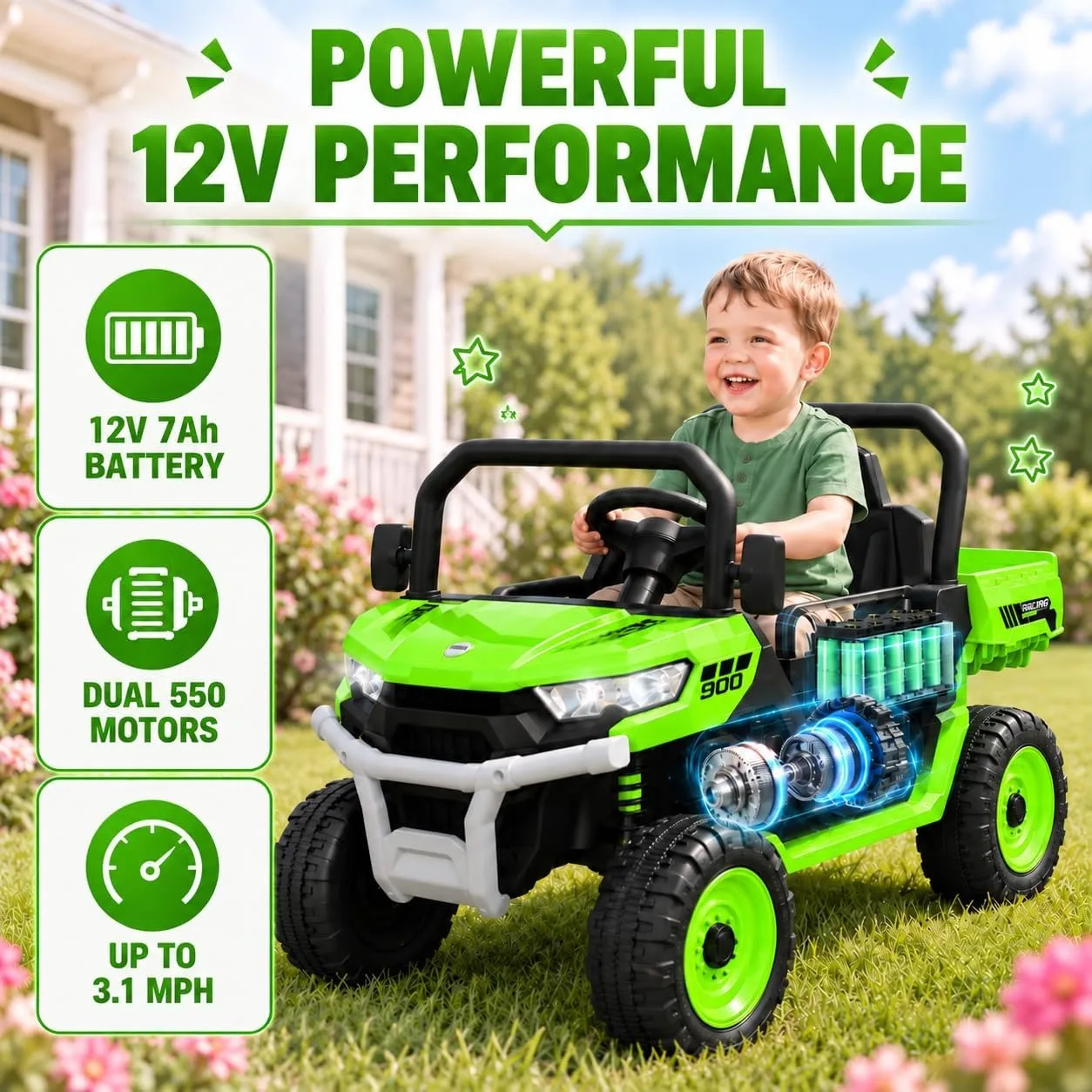 12V Kids Electric Ride On Dump Truck with Parental Remote Control 3 MPH Four Wheel Farm Car Wireless Music LED Headlights Battery Display Electric Dump Bed Dual Doors Outdoor Toy Ages 3 to 6