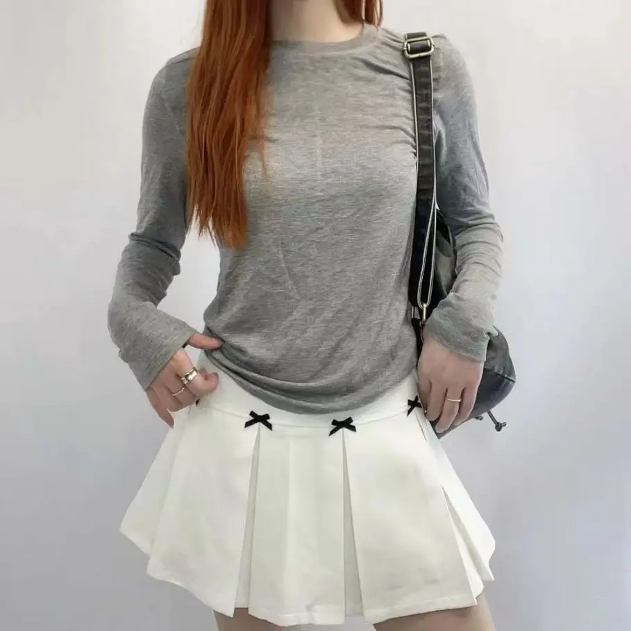 Bow Mini Pleated Skirt A-Line Solid Harajuku Korean Female Chic Preppy Style Clothes Women Cute Bow Short Dress