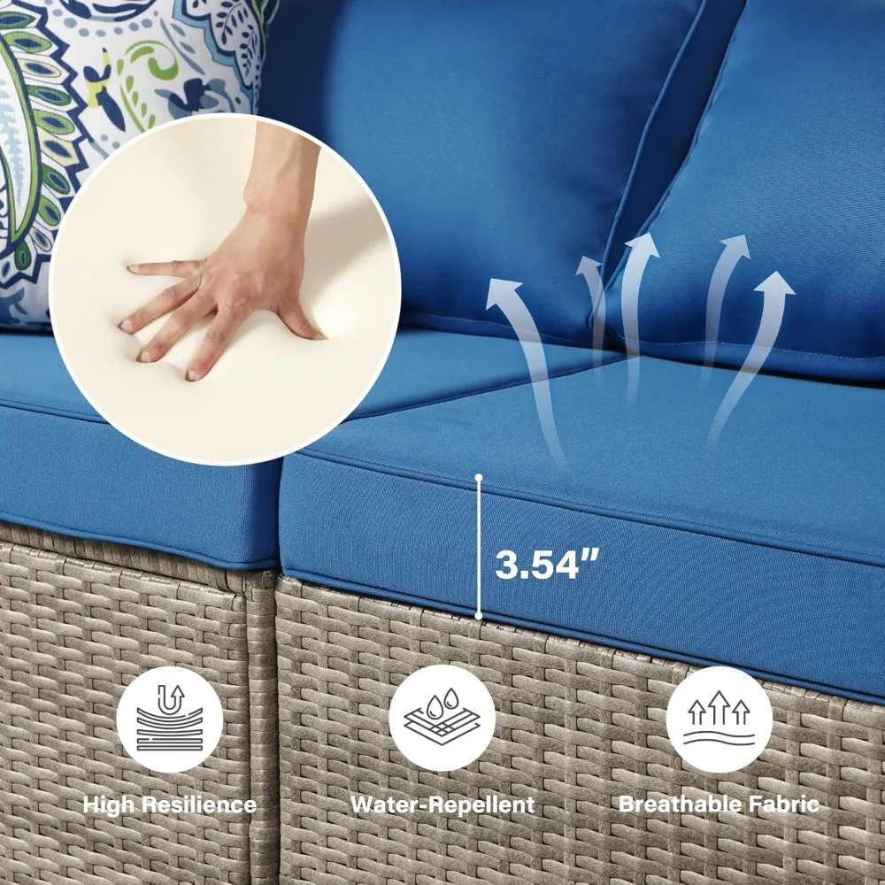 Set di mobili da giardino in rattan grigio da 7 pezzi, inclusi cuscini e tavolino da caffè in vetro temperato; Set divano modulare da esterno