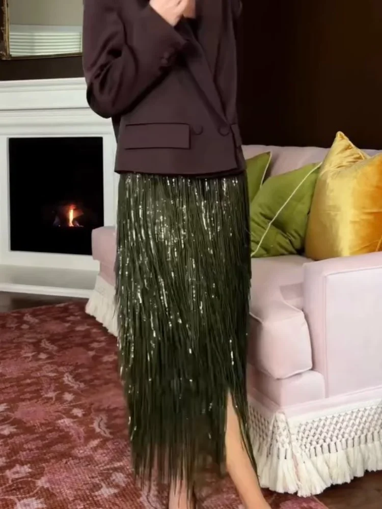 Green Sequin Midi Skirt Women Fashion Shiny Solid High Waist Bodycon Medium Length Skirts Lady 2025 Christmas Evening Party Gown