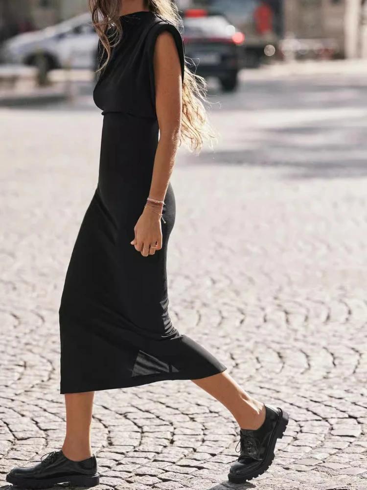 ZBZA Women\'s Slim Party Dresses Round Neck Sleeveless Shoulder-padded Bodycon High Waist Midi Dress Spring New Female Chic Dress