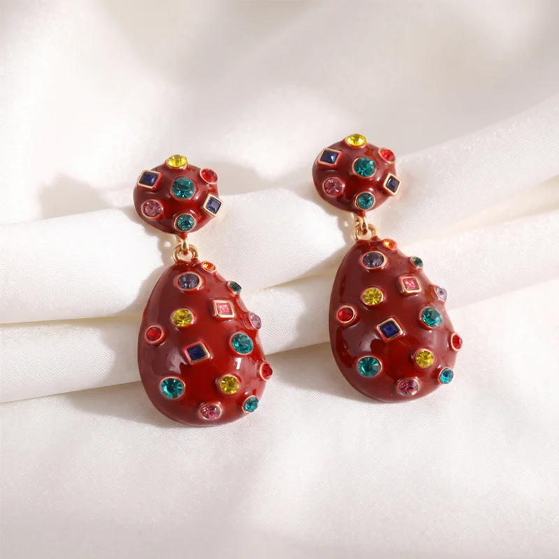 Luxury Red Enamel Teardrop Dangle Earrings Vintage Multi-Shape Rainbow Crystal Drop Jewelry For Women Date & Gala Wear