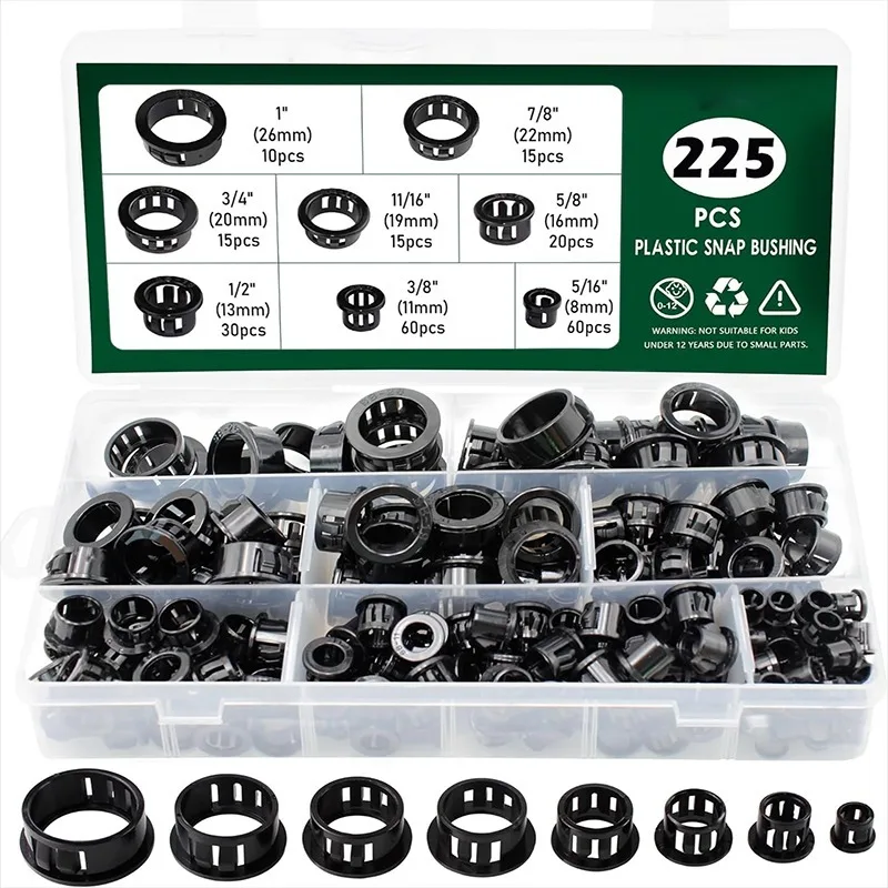 225Pcs Black Wire Hole Covers Nylon Plastic Desk Hole Plug Grommets Cable Snap-in Knockout Insulating Bushing Grommets Furniture