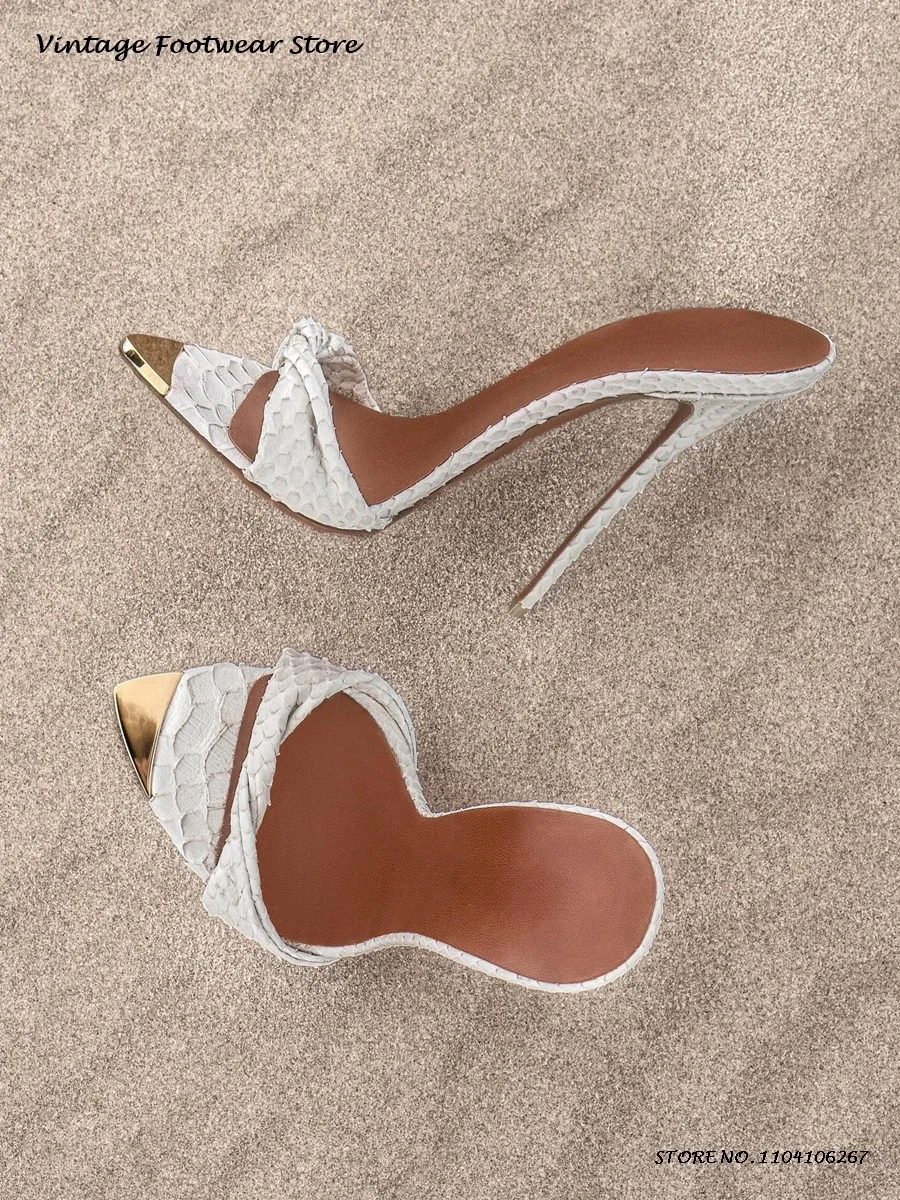 Metal Tips Python Pattern Twisted Mules Sexy Pointed Open Toe 12cm Super High Heels Women's Spring Summer Pull On Party Shoes