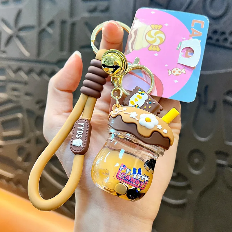 Creative Simulation Floating Keychain Cute Liquid Milk Tea Bottle Keyring Women Summer Bag Key Holder