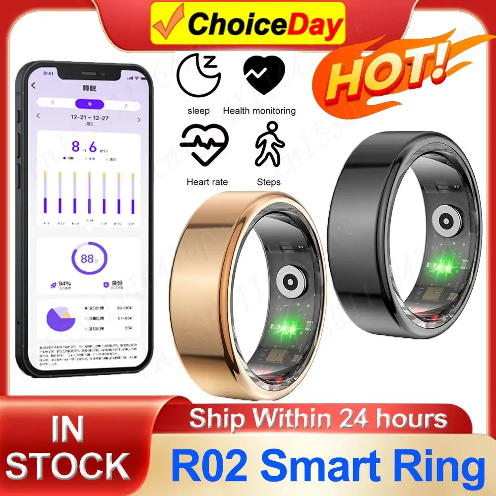 R02 Smart Ring Sleep Monitor Bluetooth5.0 Blood Oxygen Tracker Fitness Tracker Ring IP68 & 5ATM Waterproof Multi-sport Modes