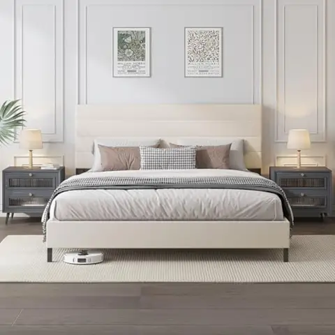 Modern Queen Size Bed Frame with Upholstered Adjustable Linen Headboard and Wooden Slats Support Platform No Box Spring Require