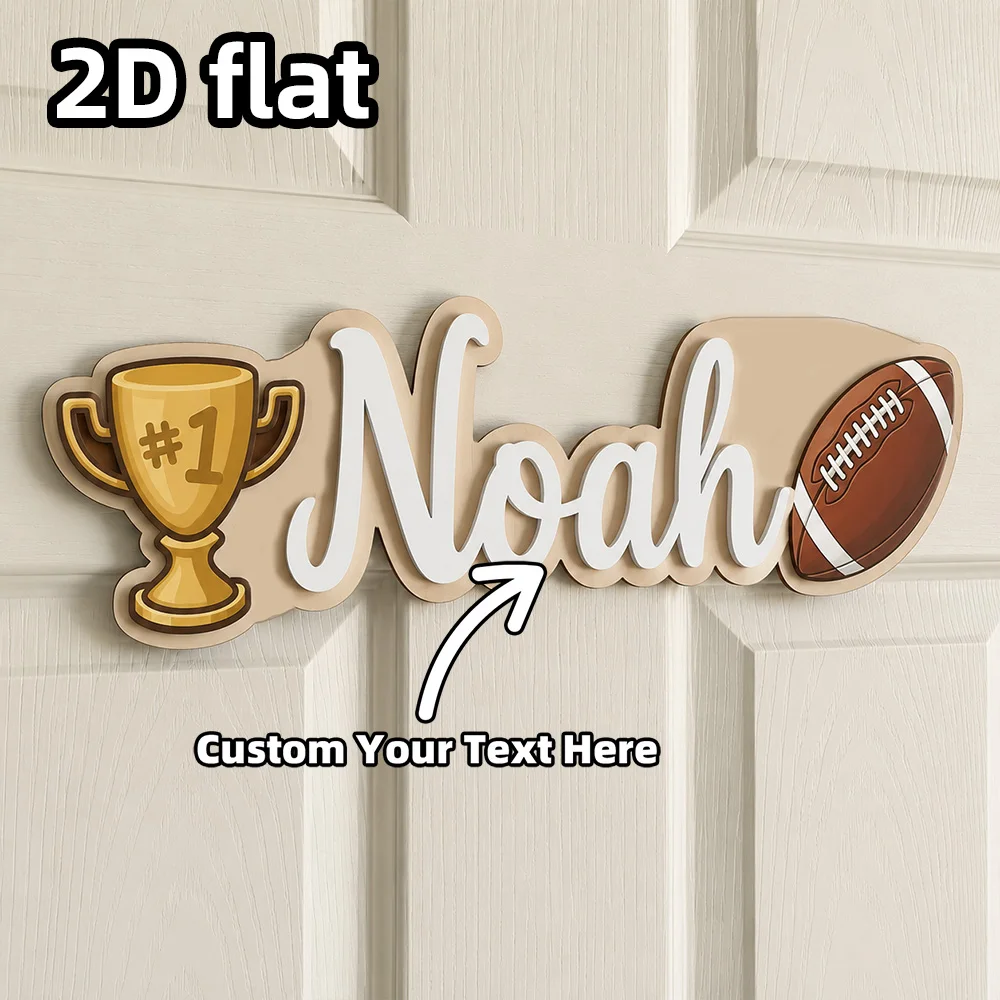 Personalized Custom Name Football Door Sign, Champion Trophy Wooden Wall Plaque, American Football Themed Bedroom Hanging Decor