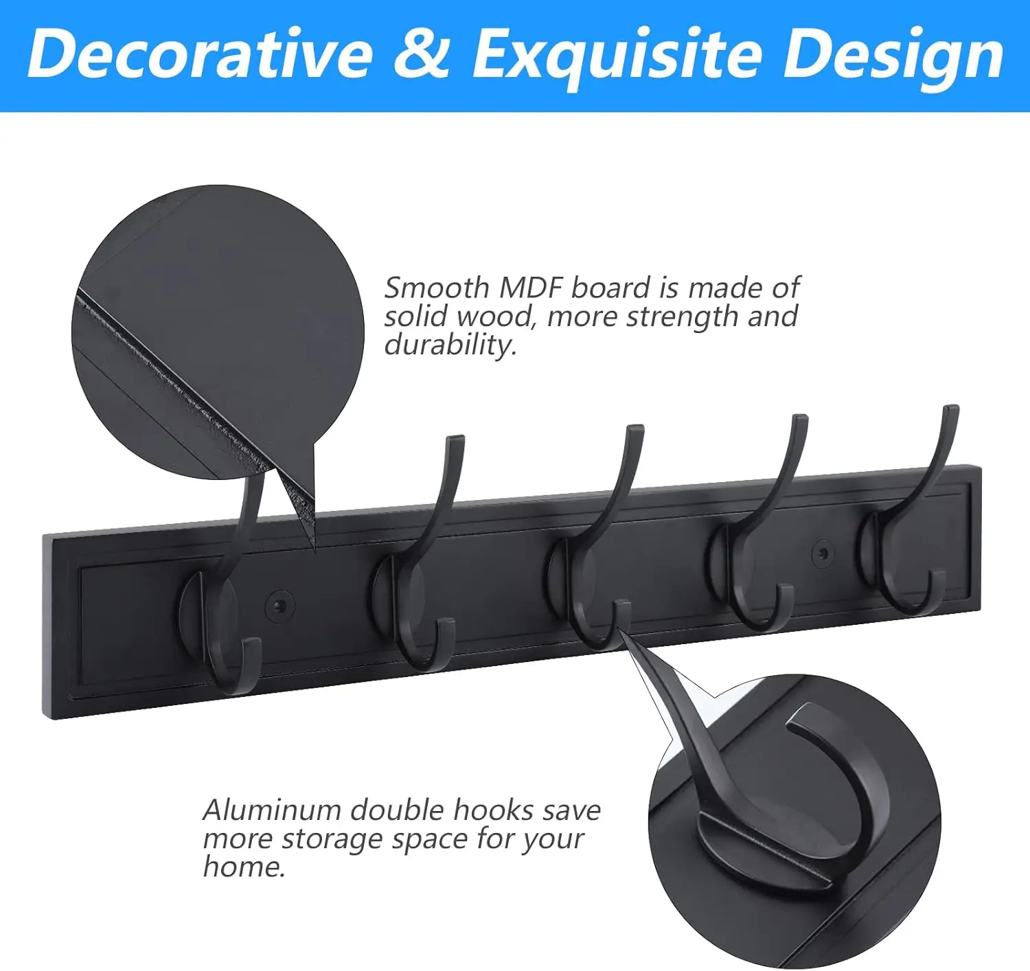 

Настенная вешалка для одежды черная, настенные крючки из МДФ для подвешивания пальто, декоративная настенная вешалка для головных уборов 27 дюймов с 5 крючками