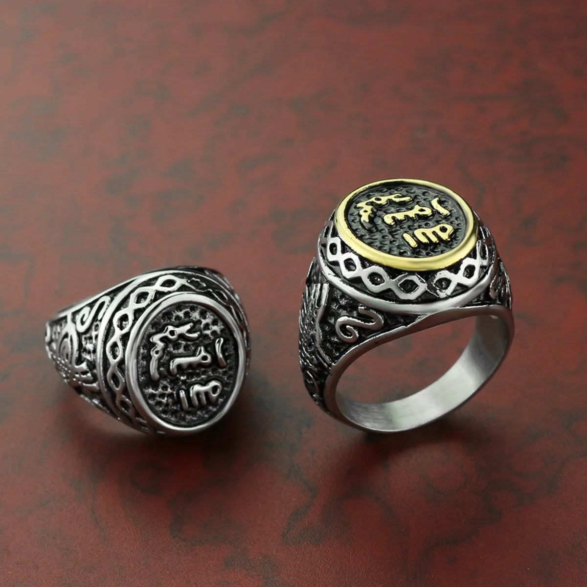 Ethnic Arab Style Rings for Men Stainless Steel Retro Jewelry Koran Scripture Shaped Hand-carved Ornament Exquisite Exotic Gift