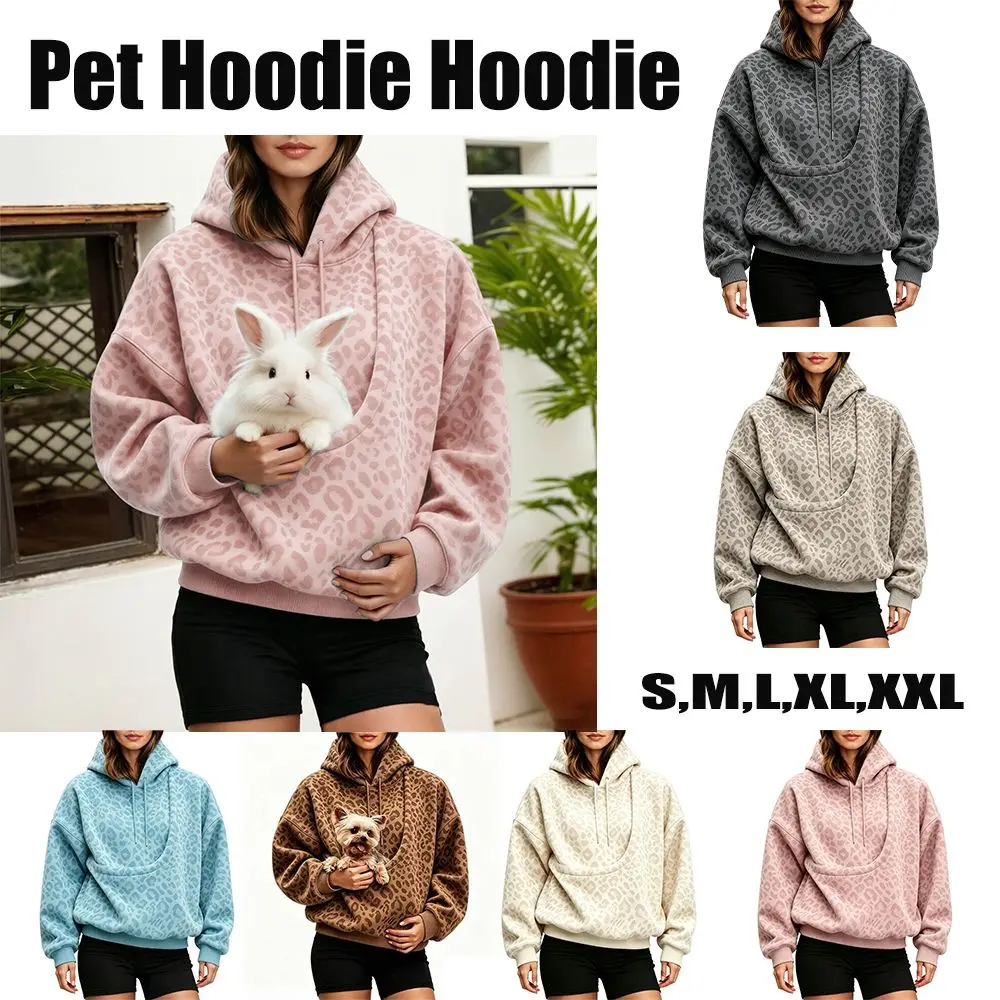 Leopard Print Sweatshirt Oversized Double Layer Hood Pullover Sweatshirt Loose Shoulder Portable Pet Pocket Pet Pouch Sweatshirt