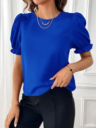 Camisa elegante de cuello redondo para mujer, Blusa de manga corta de Color liso para oficina, ropa de calle para mujer, S-XXL, 2024