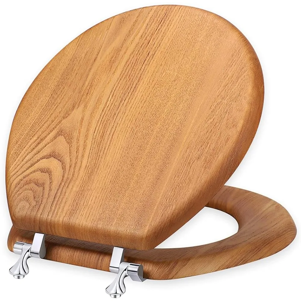 

Wooden Round American Standard Toilet Seat with Durability Metal Chrome Hinges, Natural Wood Veneer Oak Cover