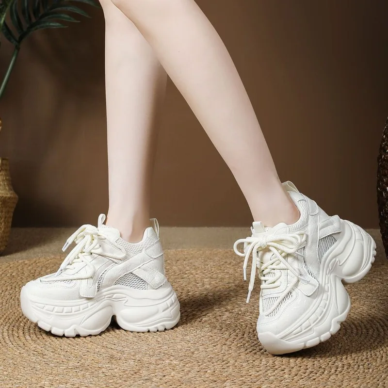 

2026 New 10CM Chunky Sneakers for Women Comfortable Walking Shoes Genuine Leather Platform Shoes Wedge Heel Daily Wear Office