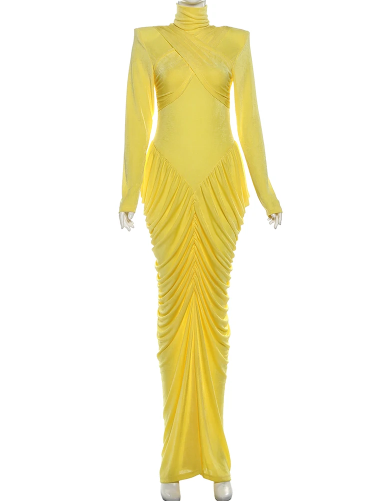 Kliou Ruched فستان طويل أنيق امرأة الياقة المدورة عارية الذراعين كم كامل نحيل عالية الخصر منتصف الليل حفلة موسيقية مثير موضة Bodycon