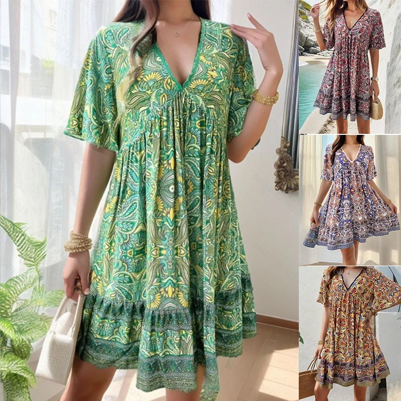 

Fashion Floral Print Dress Summer Women Casual Short Sleeve V-neck A-line Loose Beach Party Holiday Dresses Female Robe Femme