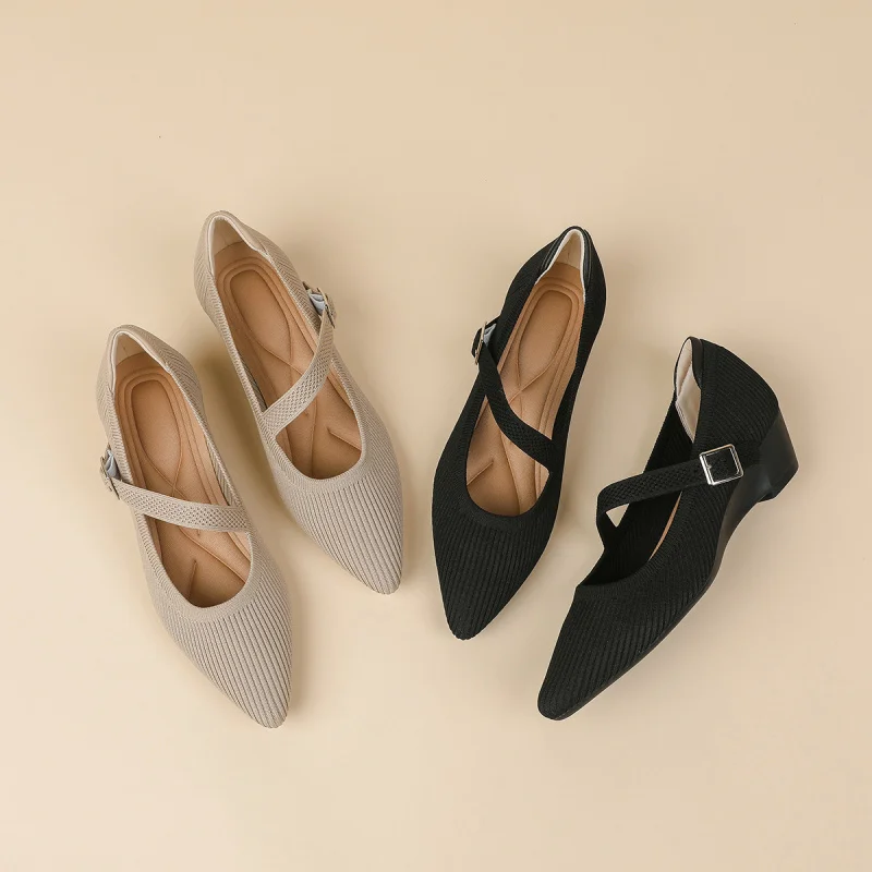 

Pointed-toe low-cut princess shoes for women, Mary Jane style with a single strap, breathable knitted wedge heels, soft-soled
