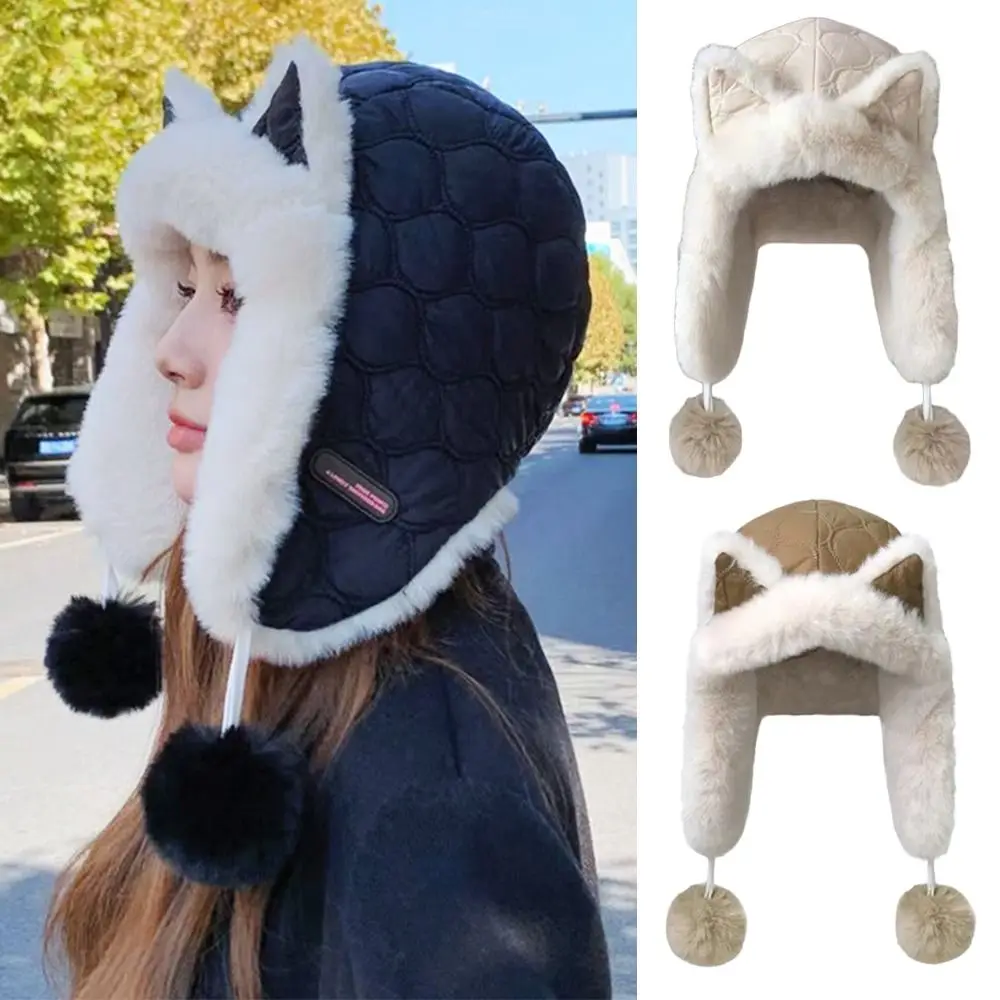 หมวกบอมเบอร์ผ้ากำมะหยี่ขนยาวสำหรับผู้ชายและผู้หญิงหมวกกันหนาวหนาป้องกันหูสำหรับฤดูหนาว