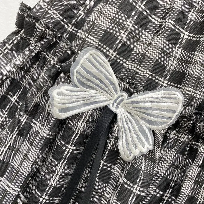 HOUZHOU Kawaii Gothic Lolita Plaid Skirt Women Goth Bow Black High Waist A-line Mini Skirts Japanese Style Harajuku Soft Girl