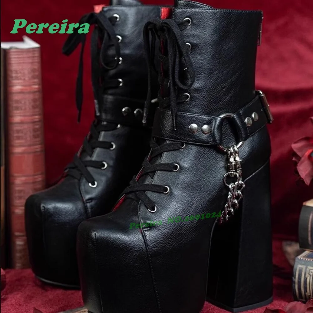 Black Chain Rivet Platform Ankle Boots Round Toe Chunky Heels Back Zipper Lace-Up Women's Boots Glossy Leather Gothic Shoes