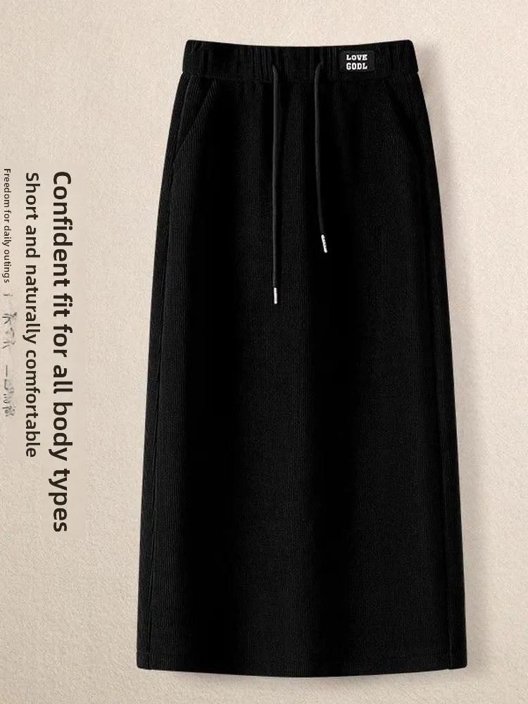 High Waist Straight Cut Fleece Lined Women's Skirt Drawstring Elastic Waist a Line  Skirt Commute Casual High Elasticity