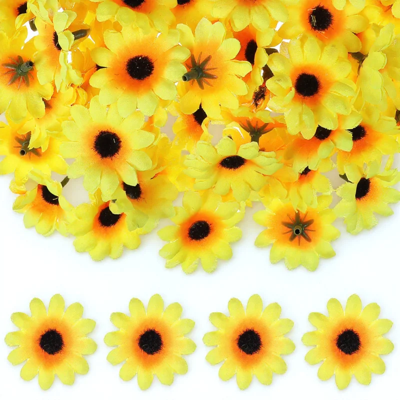

100Pcs Realistic Artificial Plastic Yellow Sunflower Heads Silk for Wedding Party Craft Hair Clips Home Decorations