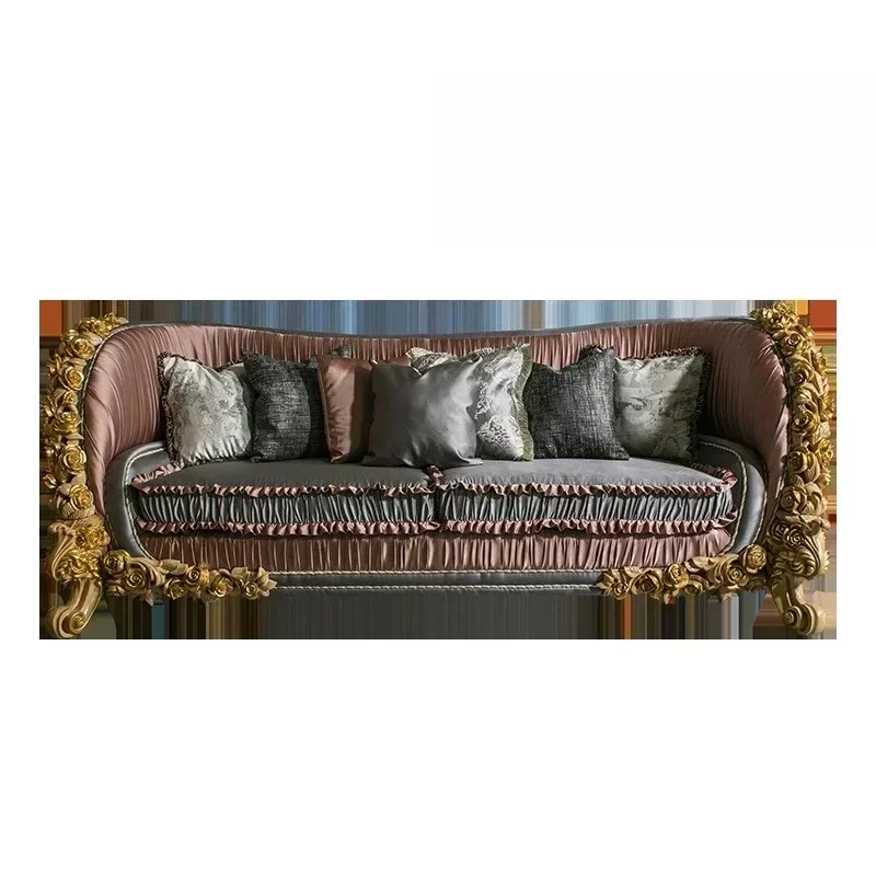 French Palace Style Solid Wood Fabric Sofa and Coffee Table Set for Large Living Rooms