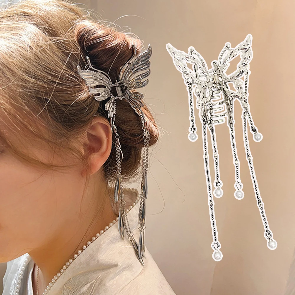 

Silver Metal Butterfly Hair Claws Long Tassel Alloy Hair Clips Ponytail Holder Hairpins Barrette Hair Accessories Headdress