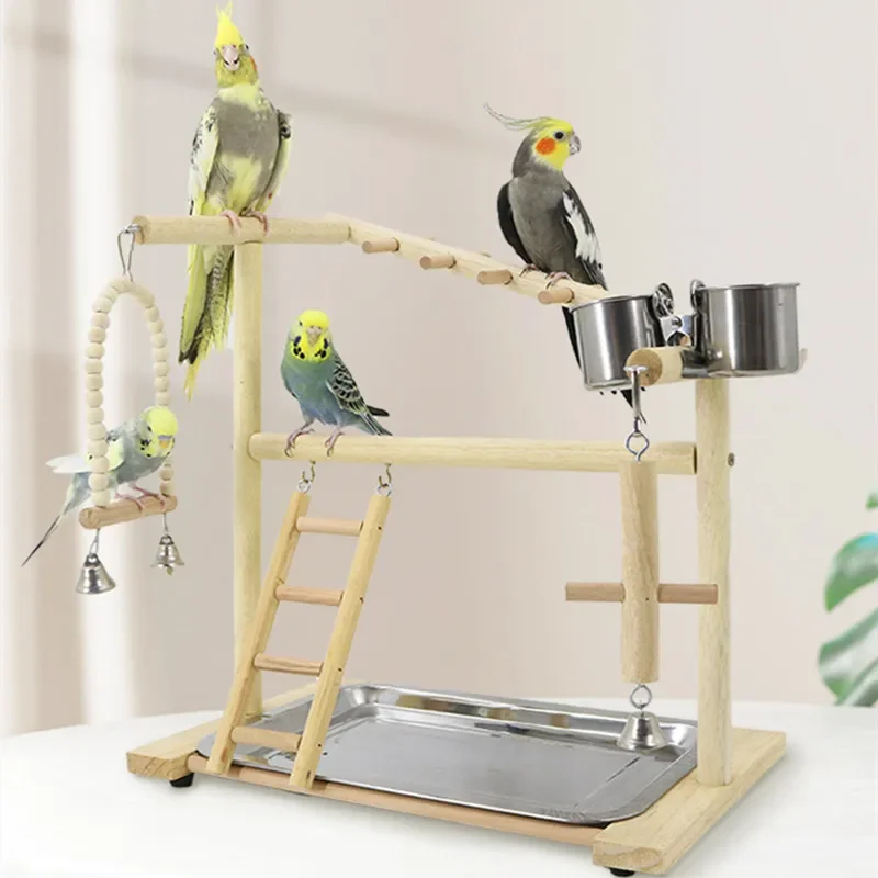 Parrot Playstand Bird Plays Stand Cockatiel Playground Wooden Perch Gym Playground Ladder Plate Bird Toy with Metal Feeder