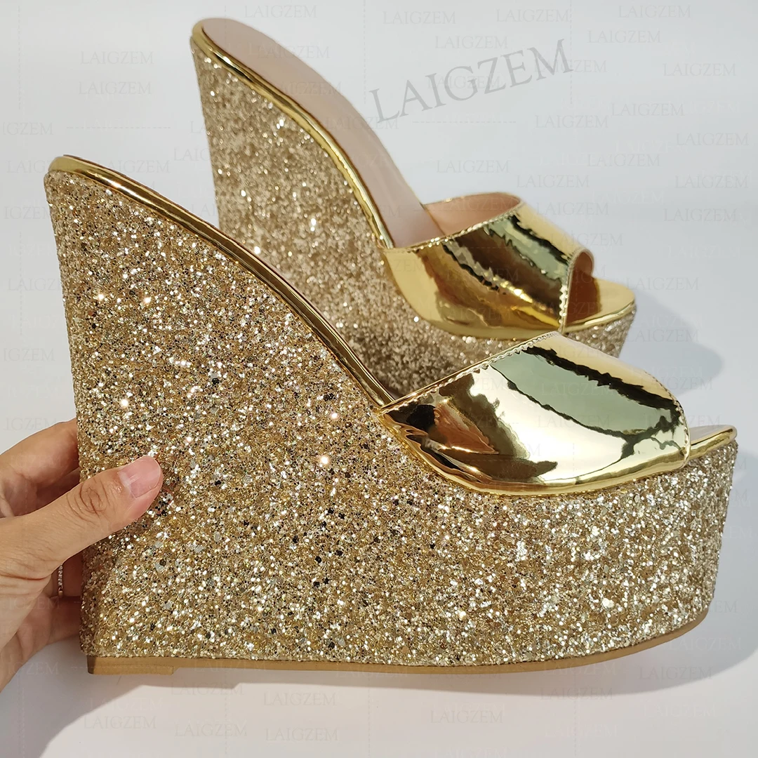 

BERZIMER Women Pumps Platform Wedges Bling Mules Slip On Sandals Height Increase Ladies Shoes Woman Large Size 38 41 43 45 48