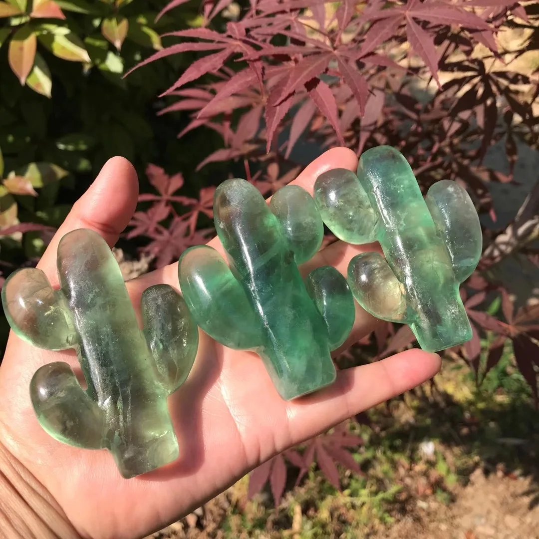 

1 Pc Natural Stone Green Fluorite Cactus Carved Plant Statue Craft Home Decoration Ornament Housewarming Gift