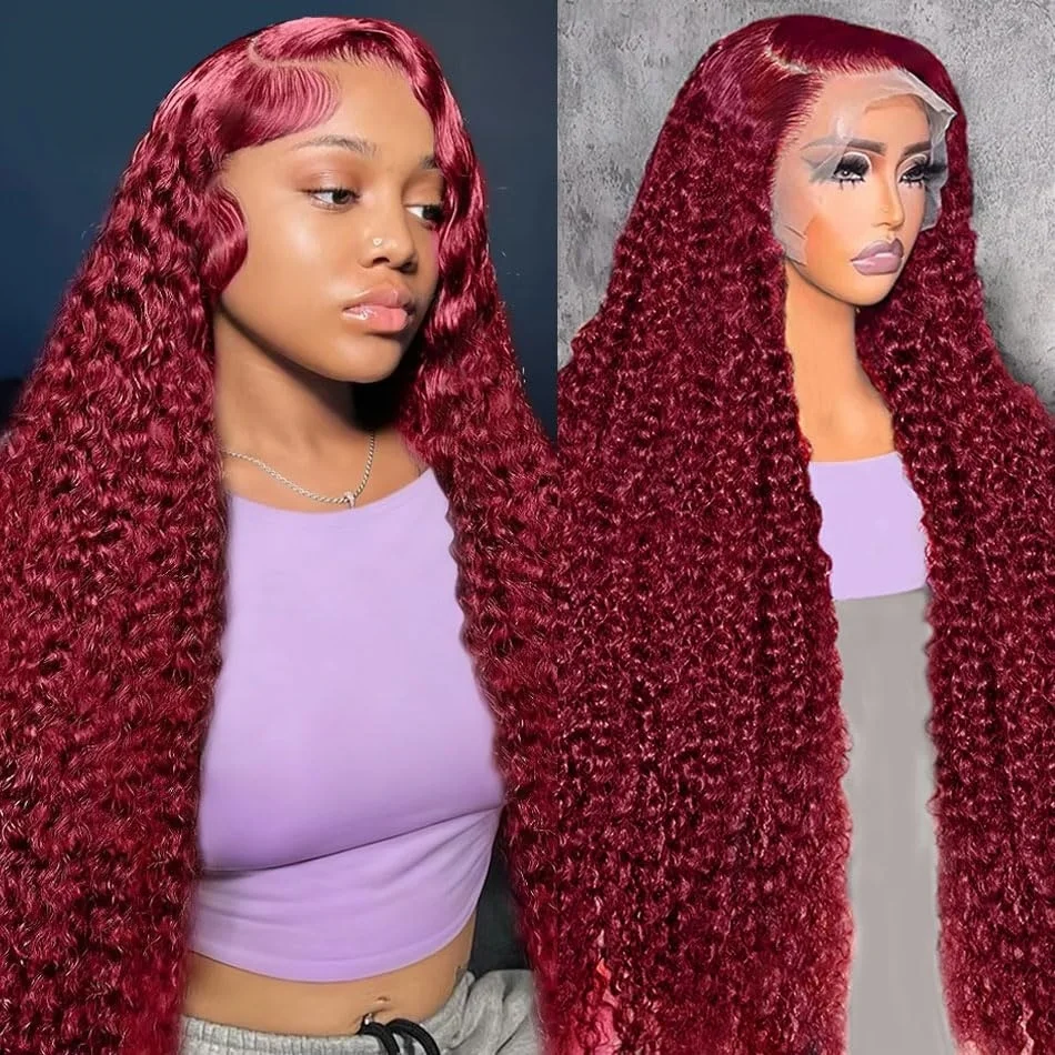 

210% Density 99J 13x4 HD Lace Front Human Hair Wigs Burgundy 36Inch Deep Wave Curly 13x6 Lace Frontal Closure Wigs For Women