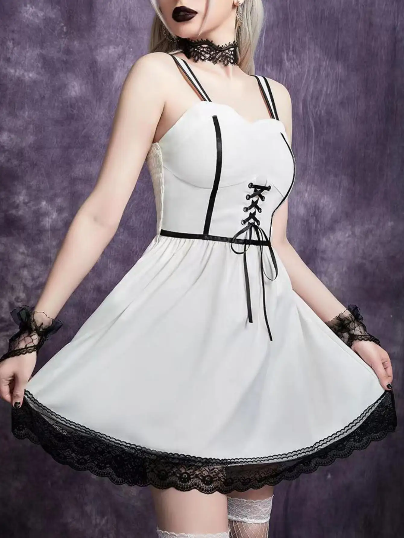 

Summer New European and American Women's Clothing Dark Goth Style Corns Lace-up Hem Stitching Lace Dress
