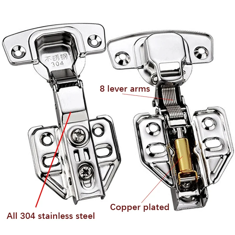 Charnières hydrauliques en acier inoxydable 304, 1 pièce/10 pièces, charnière à ressort pour porte d'armoire, tampon amortisseur, fermeture silencieuse, meubles de placard de cuisine