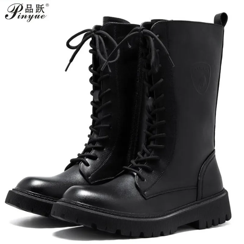 

Мужские кожаные английские черные мужские байкерские ботинки, модные молодежные водонепроницаемые модные ботинки, мужские осенне-зимние высокие кожаные ботинки 38, 44.