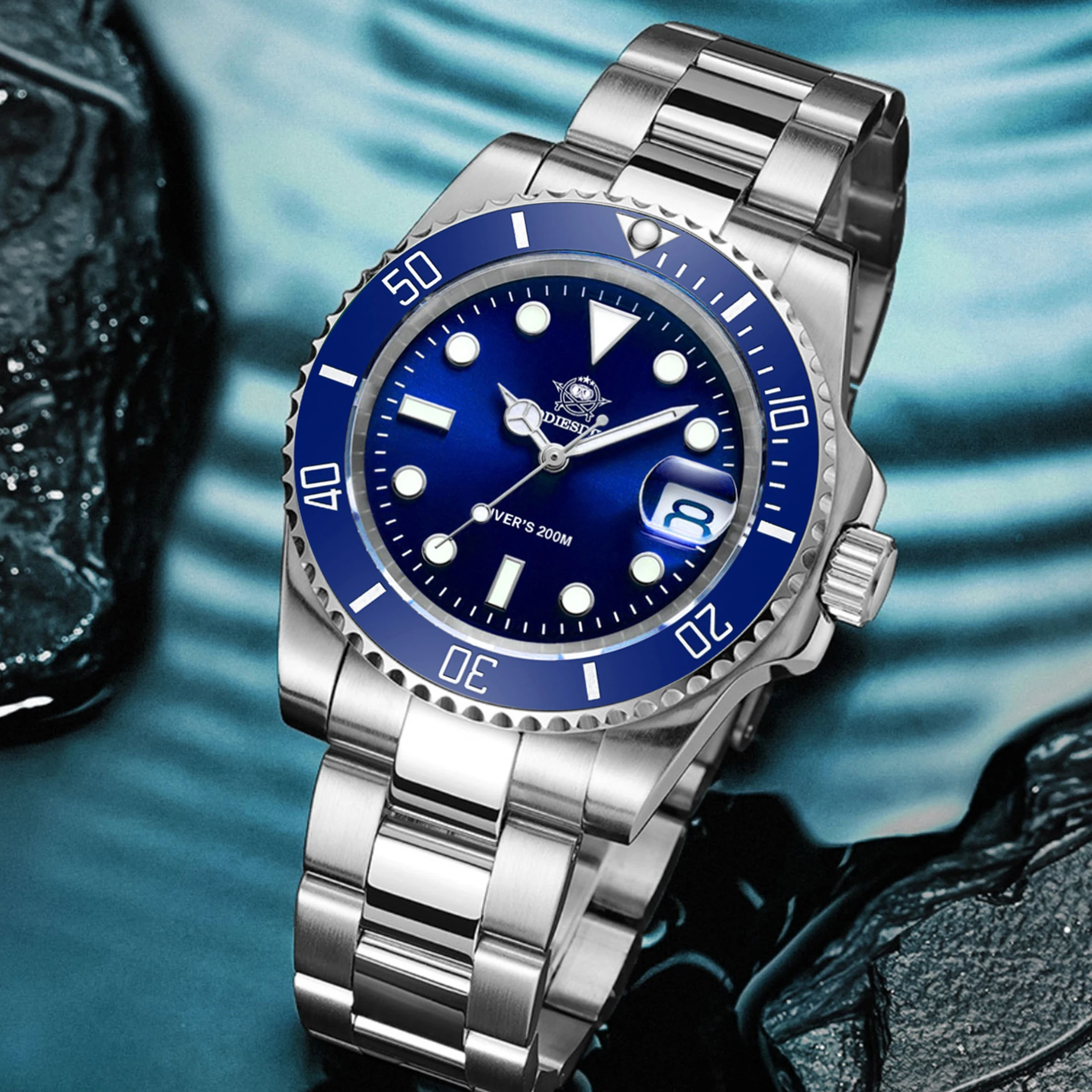 ADDIESDIVE Diver Quartz Watches For Men Fashion Stainless Steel Calendar Wrist watch 200M Waterproof Super Luminous reloj hombre