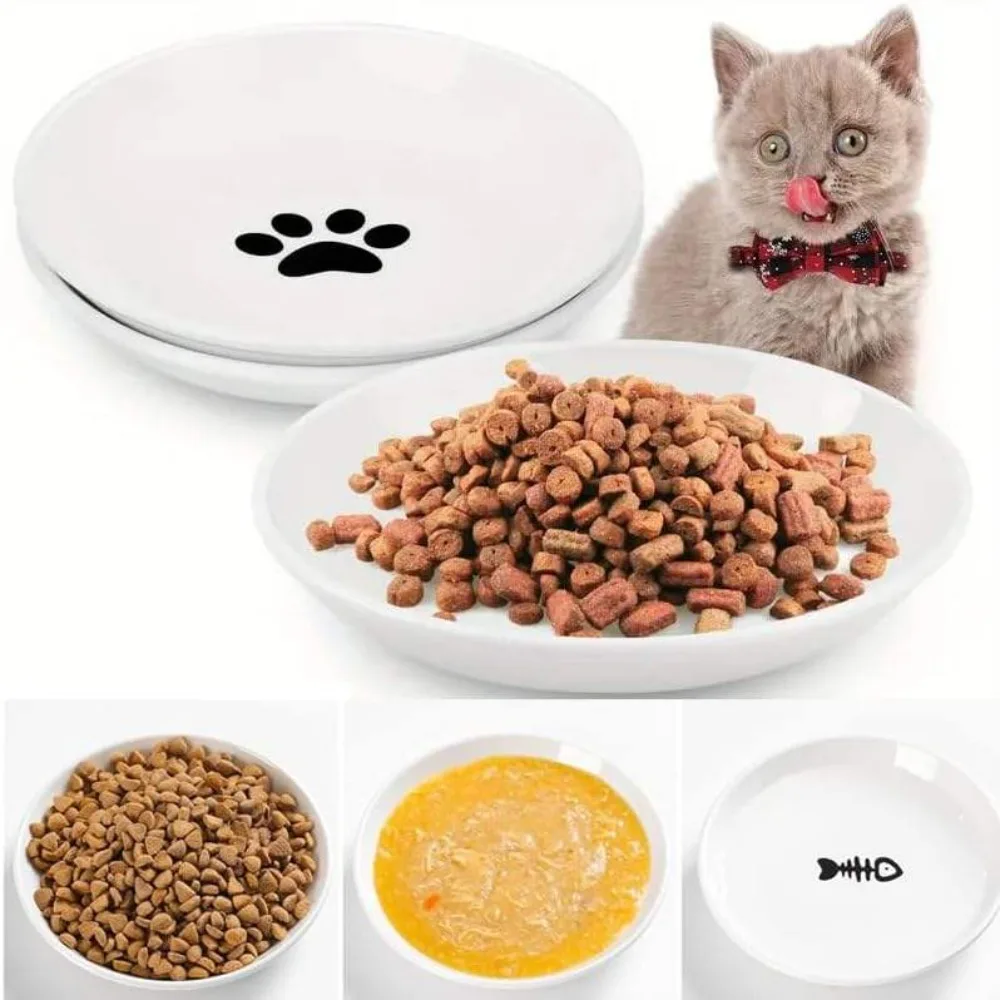 Ensemble de 4 bols plats en céramique pour chat, 6 pouces, antidérapants, avec motifs d'arêtes de poisson et de pattes, réduisent la fatigue des moustaches, idéal pour servir la nourriture et l'eau aux chats