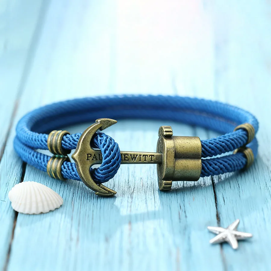 Nautical Anchor Bracelet for Men Double Threaded Nylon Rope Wristband Vintage Metal Easy-Hook Clasp Sailing Surf Jewelry
