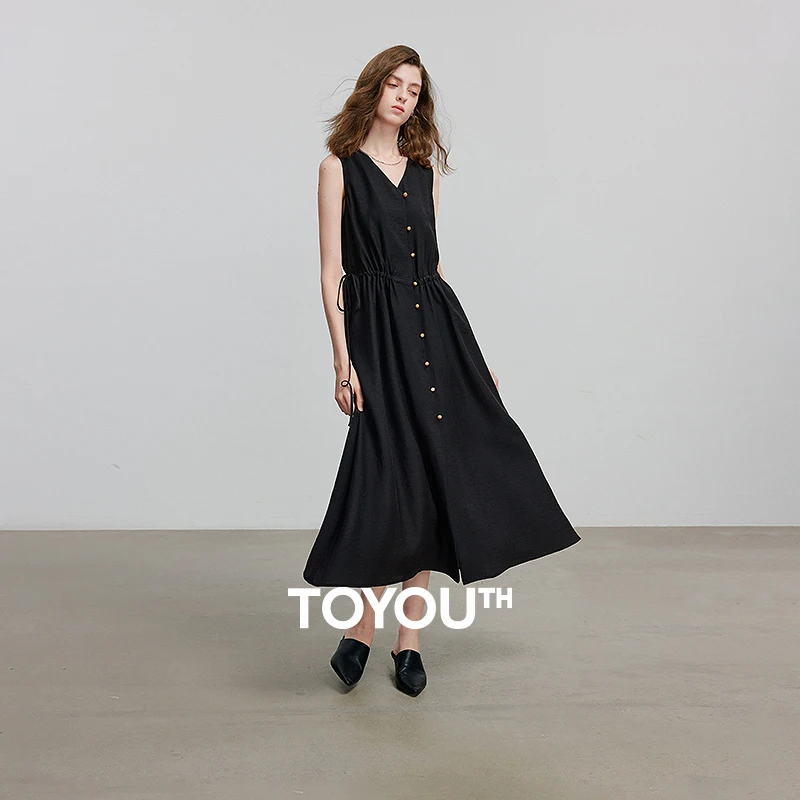 فستان TOYOUTH للسيدات 2025 فستان أسود صيفي جديد بياقة على شكل V وأكمام قصيرة 8529060
