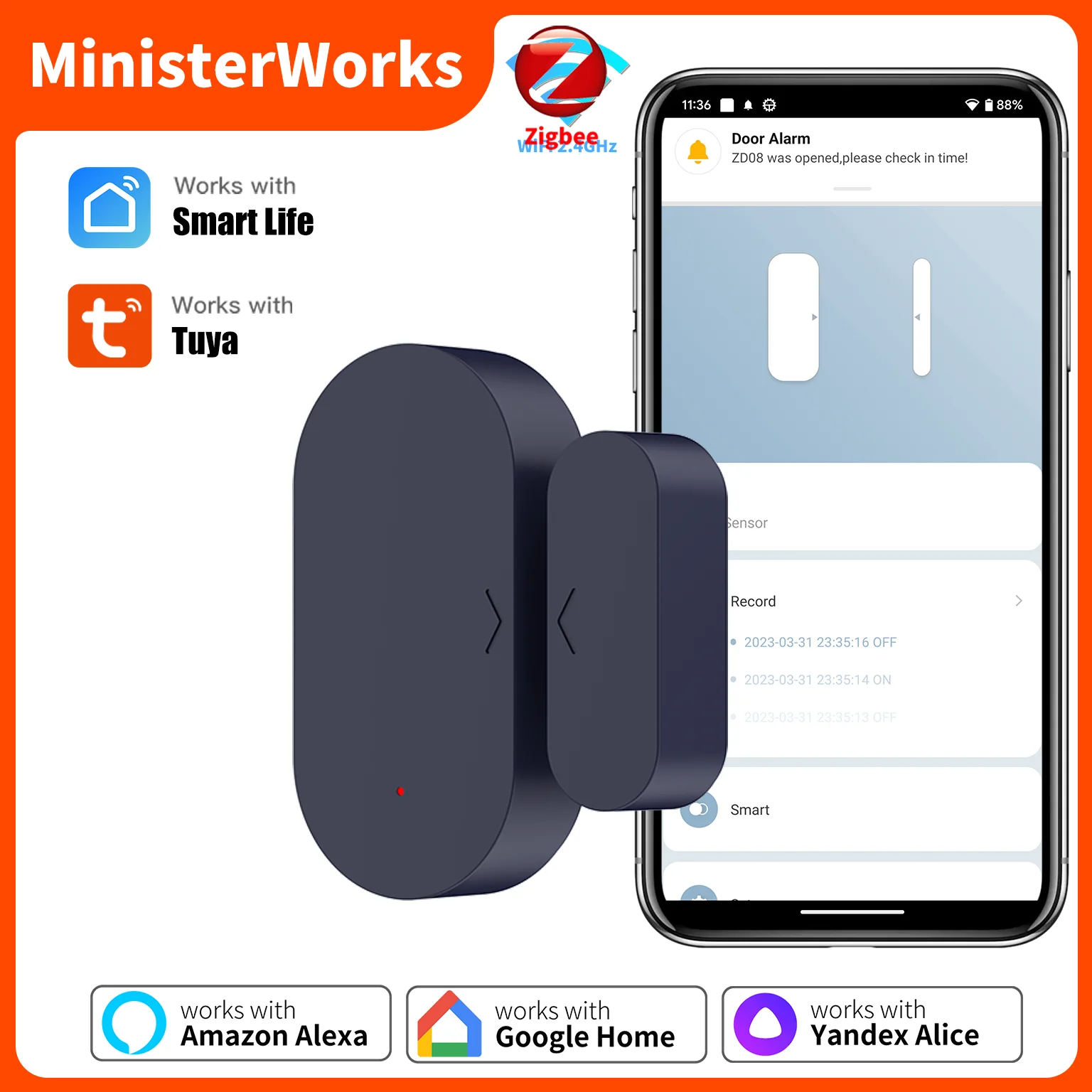Tuya Zigbee 3.0 Sensor Door Window Sensor APP Remote Control Work With Alexa Yandex ZHA Zigbee2Mqtt Required Zigbee Hub