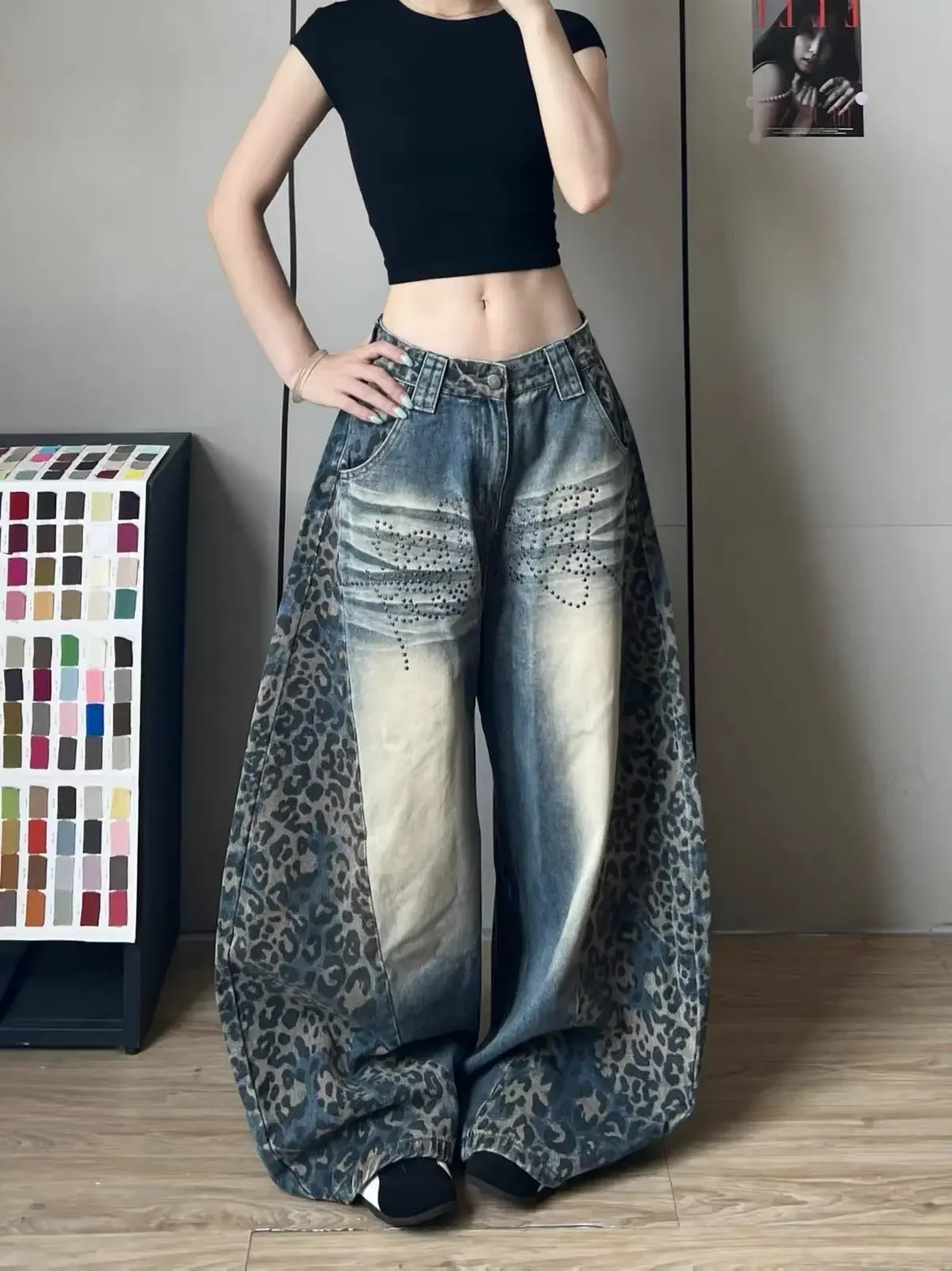 Leopard Print High Waist Curved Barrel Wide Leg Jeans Women Early Autumn Loose Casual Streetwear Pants