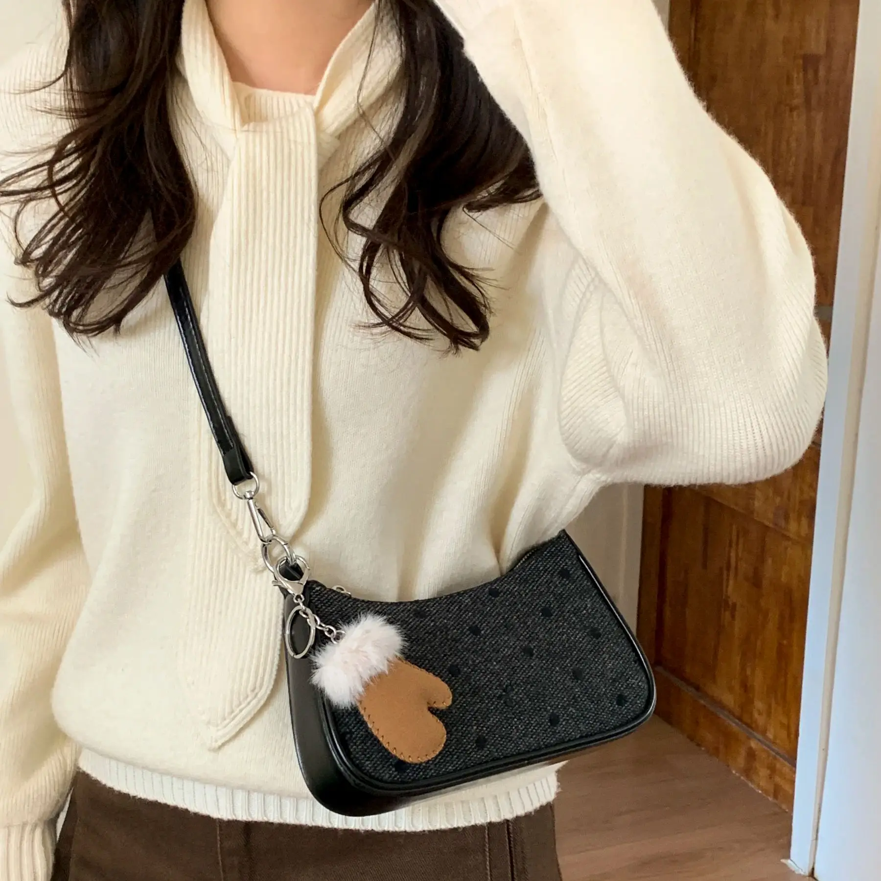 الكورية نمط المرأة حقيبة مربعة صغيرة عصرية البولكا نقطة القوس حقيبة كتف مطبوعة نسيج غير رسمي الربط حقيبة كروسبودي صغيرة