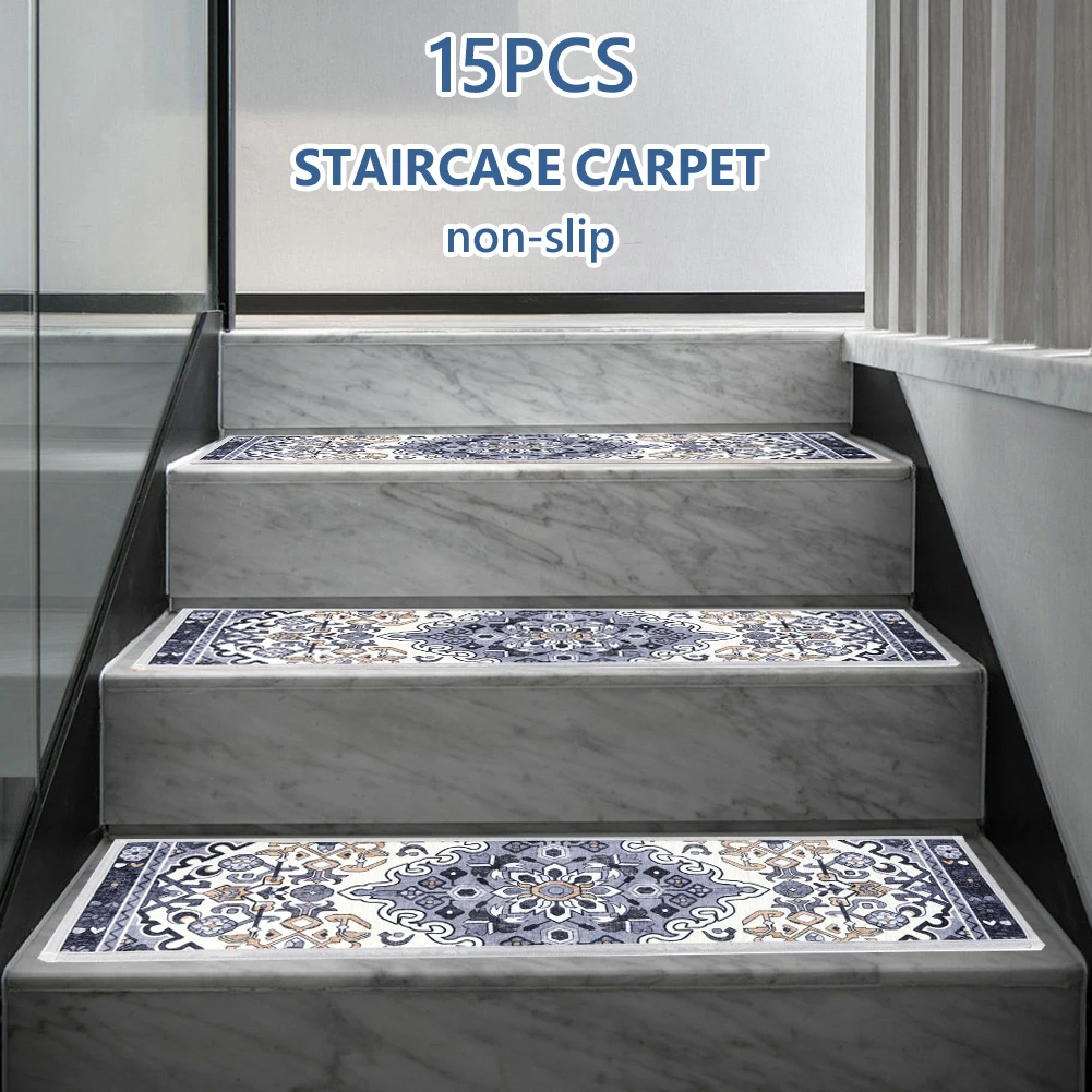 15PCS Indoor Stair Rugs Self-adhesive Backing Non Slip Indoor Skid Stair Tread Reusable Bohemian for Dogs Kids & Elder