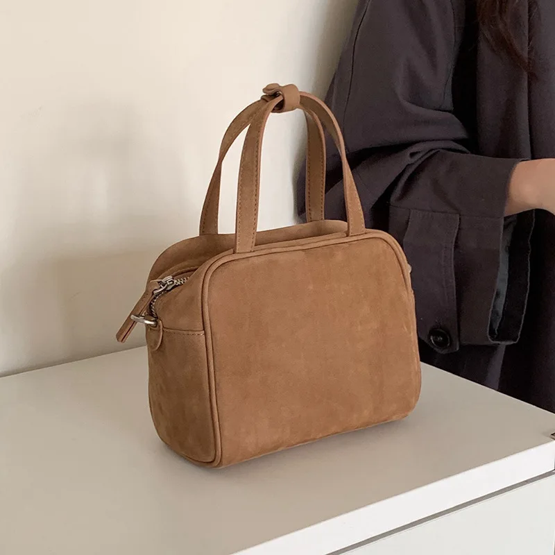 Niche Frosted Cowhide Bowling Bag, Suede Bag, Genuine Leather Boston Portable Messenger Bag