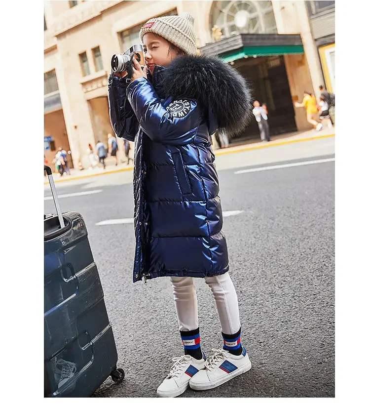 Boys and Girls Winter Padded Jacket Long Down Padded Jacket Children Padded Jacket Thickened Warm Bright Leather Waterproof