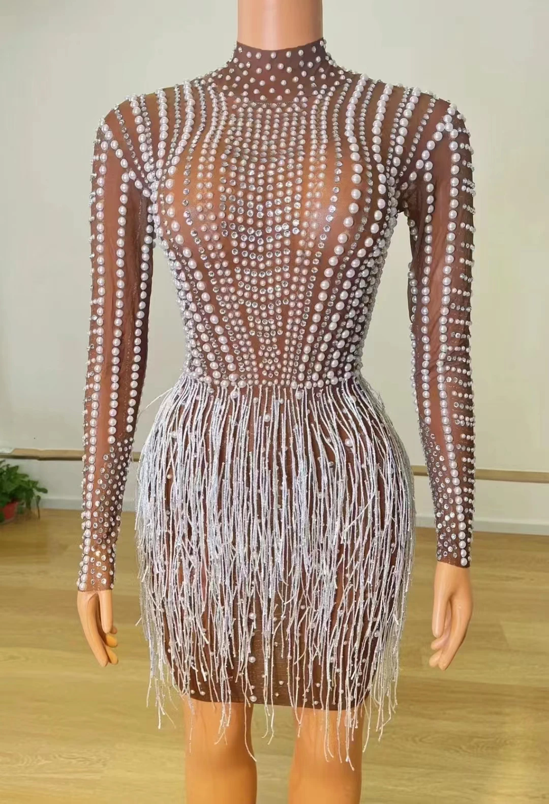 Sexy Transparent Stage Rhinestones Tassel Dress Women Singer Nightclub Mesh Dance Costume Birthday Party Catwalk Fringes Dresses